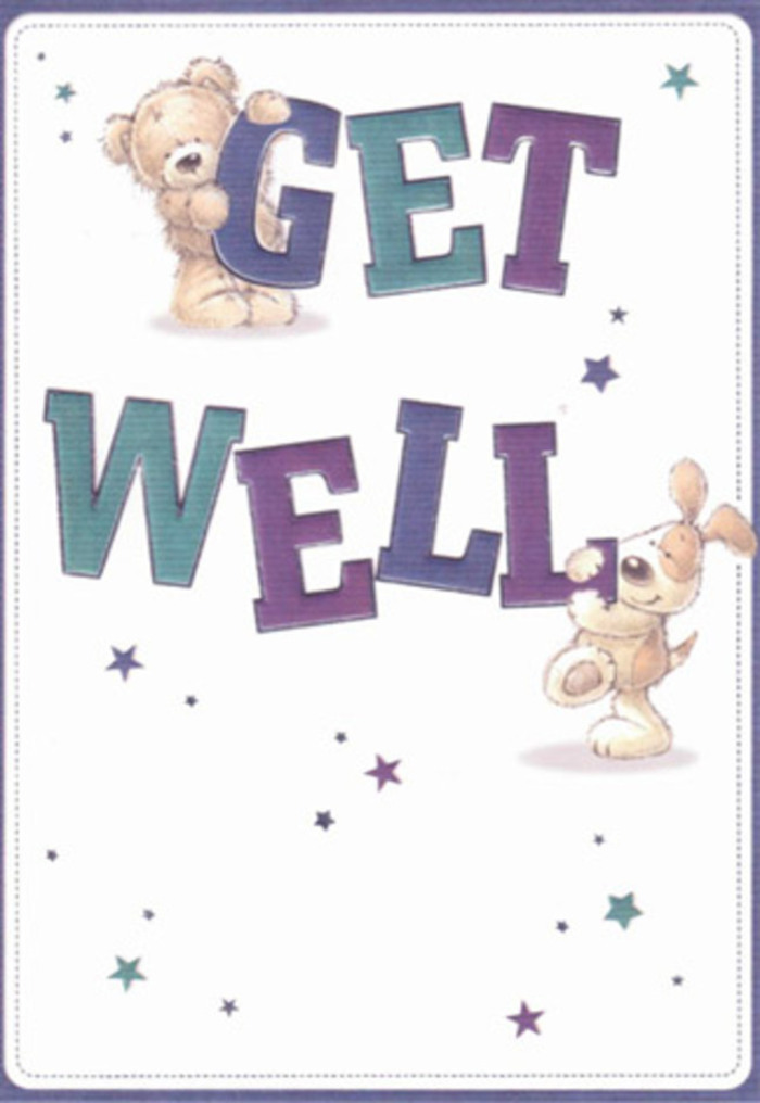This illustrated get well card captures a tender, reassuring moment: a plump teddy bear and an eager puppy join forces to present the oversized phrase GET WELL, turning a simple sentiment into a playful scene that feels right at home in the cosy streets around De Beauvoir Crescent. The teddy, with its rounded muzzle, soft brown fur, and slightly tilted head, hangs onto the top of the word GET, as if determined not to let the message slip away. Below, the puppy presses its nose and paws against the hefty letters of WELL, floppy ears framing an expression full of loyalty and gentle concern. The typography itself is bold and generous, filled with gradations of purple, indigo, and teal, giving the letters a pleasing depth and a hand-painted charm. Subtle highlights and shadowing create an almost tactile feel, like the smooth surface of a glossy greeting card you might pick up after stopping for a coffee near De Beauvoir Square. All of this rests on a pristine, creamy white background that suggests cleanliness, airiness, and a sense of space to breathe-qualities anyone recovering from illness will quietly appreciate. Scattered around the characters and text are small starbursts and spark shapes in blues and purples, dancing lightly as if they are tiny wishes floating through the air. They add a layer of whimsy without crowding the scene, much like how a few carefully chosen blooms can transform a simple bedside into a comforting sanctuary. The overall mood is gentle, hopeful, and suitable for all ages, the sort of card that could sit beside a vase of fresh local flowers and continue to lift spirits day after day.