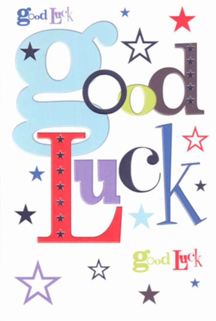 The image shows a vibrant, design-led good luck card laid flat and photographed head-on, its artwork occupying the full frame like a joyful poster in miniature. The background is a pure, uncluttered white, reminiscent of bright morning light spilling through a townhouse window in De Beauvoir Town. Against this clear canvas, the words Good Luck are arranged in big, overlapping letters that look as though they've been carefully cut from different coloured papers. One letter is a broad, baby-blue curve, another a tall strip of midnight black, followed by generous swathes of cherry red, moss green, muted teal, violet, and dense navy. The fonts vary from soft, rounded forms to tidy, narrow lines, echoing the mix-and-match charm of eclectic shopfronts along De Beauvoir Road. Threaded through and around the letters is a flurry of small and medium-sized stars, each a neat, five-pointed shape. Their colours span from deep indigo and ink-blue to dusky lavender, soft lilac, pastel sky, and faded denim, with a few gentle flashes of lime and olive that hint at the greenery in nearby community gardens. Some stars appear bold and fully filled, others are lighter, almost translucent, fading into the white space as if drifting further into the distance. Together, they create an impression of movement, like confetti caught in a light breeze over the Regent's Canal. The printing looks smooth and even, with a slight sheen that suggests a sturdy, high-quality cardstock-something you can imagine pairing with a carefully chosen bouquet from a local florist, ready to be delivered to a friend about to start a new job, sit an important exam, or embark on a big move across London. The card radiates positivity and warm encouragement without a single exclamation mark, relying purely on colour, balance, and imaginative typography to communicate its heartfelt wish.