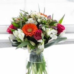 Artful balance is at the heart of this striking bouquet-a testament to the vibrant character and design aesthetic found throughout De Beauvoir Town. Creamy peach and vivid orange gerberas frame the centre, their gentle petals surrounding deep, rich discs glowing like lanterns at a dusk gathering. Deep magenta roses nestle close by, their velvety petals adding notes of romance and sophistication. Pristine white alstroemeria and clusters of petite white blossoms create pockets of light within the arrangement, breaking up the intensity and marrying each hue to the next. The base is girded by sweeping, broad aspidistra leaves, curved just so to echo the garden elegance tucked behind Dalston Lane's terraces. Whorls of shiny, pointed green foliage fill the empty spaces, bringing volume and connection between every bloom. Soft, indirect light, reminiscent of De Beauvoir Town's leafy mornings, filters gently across the face of the arrangement, making each colour pop and each petal seem almost tactile. The scent can be imagined as a clean, sweet mix-rose, lily, and fresh greenery-infusing the air with a sense of renewal. Whether destined for a celebratory brunch, a friendly congratulation, or a thoughtful thank you, this bouquet is designed to echo the optimism and creativity of De Beauvoir Town, each stem crafted with local expertise and passion.