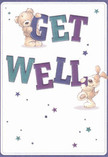 A whimsical illustrated get well card featuring a cuddly teddy bear and a floppy-eared puppy, both helping to hold up the oversized words GET WELL, is set against a clean, creamy white background that feels as fresh as a quiet morning in De Beauvoir Town. The playful letters are shaded in rich indigo and teal tones, with rounded edges and soft shadows that make them look almost three-dimensional, as if they're gently lifted off the page. Each character has expressive, kind eyes and soft, textured fur, the bear's rounded paws gripping the top of the word GET while the puppy leans affectionately against WELL, suggesting loyal companionship and steady comfort. Around them, scattered starbursts in varying shades of blue, purple, and aqua shimmer like tiny hopeful sparks, echoing the way a thoughtfully chosen get well bouquet can brighten a windowsill along Southgate Road or near De Beauvoir Square. The overall composition is airy and uncluttered, allowing the message to breathe and feel easy on tired eyes, with plenty of white space that conveys cleanliness, calm, and reassurance. Even without any flowers pictured, the warm, cosy textures and gentle colours evoke the same soothing presence as a soft pastel arrangement delivered to someone resting at home nearby. The card radiates encouragement without being overwhelming, making it ideal for cheering up a child in recovery or lifting the spirits of an adult who needs a little lightness. It's the visual equivalent of a caring visit: simple, heartfelt, and quietly joyful, like a sincere get well soon spoken over a comforting bedside bouquet.