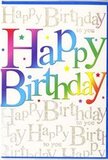 The birthday card in this image radiates a warm, colourful energy, the kind you might associate with a relaxed celebration in a De Beauvoir Town townhouse. The words Happy Birthday arc confidently across the front in big, rounded letters, each one flowing into the next with an effortless rhythm. A smooth gradient of colour runs through the text, shifting from deep, cake-icing reds and pinks through sapphire blue and sea-green tones to bright, golden yellows, so the phrase looks almost like a row of party balloons caught in late-afternoon light on De Beauvoir Road. The finish of the letters appears gently glossy, suggesting a slight sheen that would make the colours glow under indoor lamps or natural daylight. Behind this colourful greeting, the entire background is veiled with an elegant pattern of golden script repeating Happy Birthday to you in a graceful, looping hand. The gold ink has a delicate shimmer, reminiscent of string lights reflected in nearby canal water, adding depth without stealing focus from the main message. Scattered among the curves of the lettering are tiny stars and speckles in coordinating hues, like confetti settling softly after being tossed into the air. The design feels carefully composed, balancing bold, youthful colour with refined detail in a way that makes the card suitable for any age. It's easy to imagine this card standing next to a vase of fresh birthday flowers on a table near De Beauvoir Square, quietly catching the light and reminding the recipient throughout the day that this birthday is something to be savoured and joyfully marked.